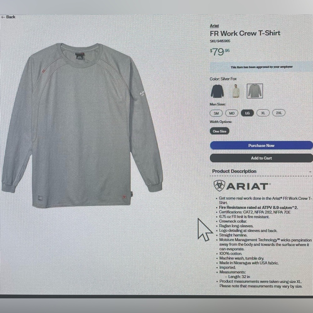 ARIAT FRC Longsleeve 
CAT2
Size Large
Color Light Brown